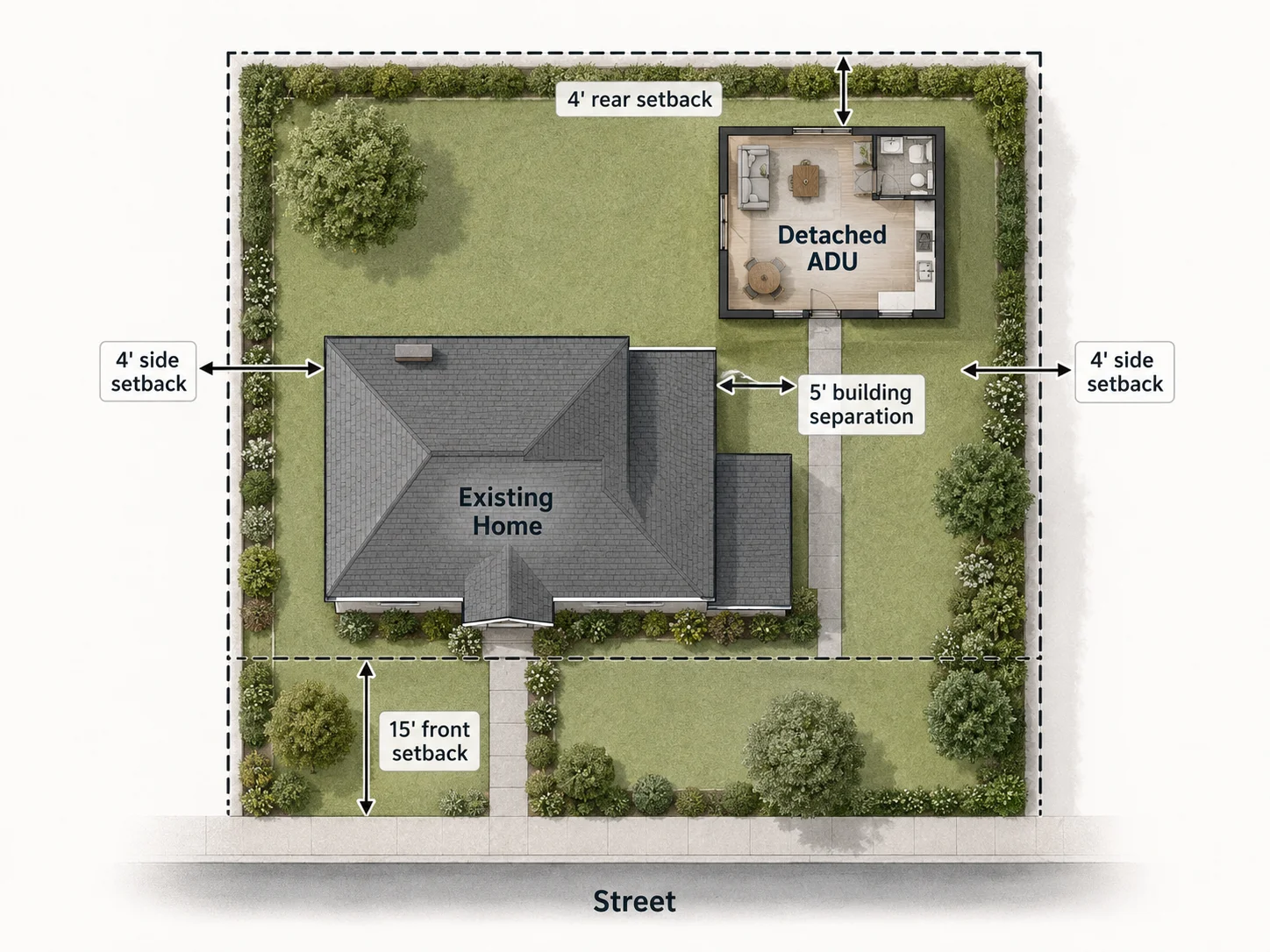 Setback diagram for a typical 5,000 sq ft National City lot — 15-ft front, 4-ft side, 4-ft rear setbacks, 5-ft separation from existing structure.