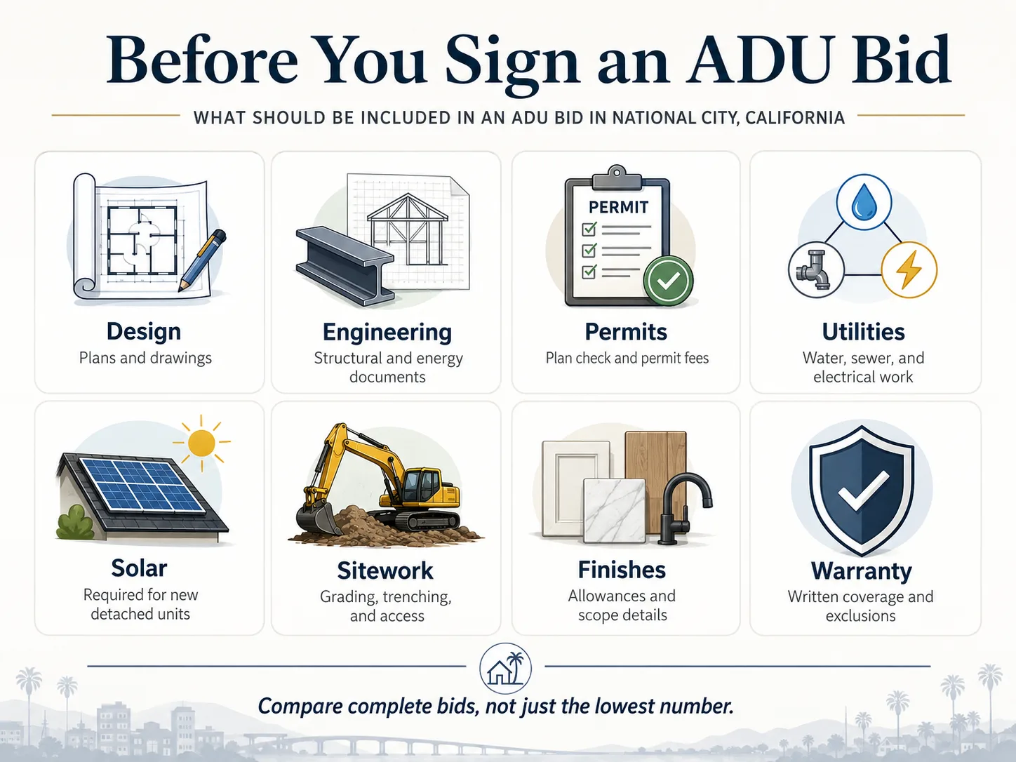Checklist of 8 essential items every National City ADU bid must include before the homeowner signs.