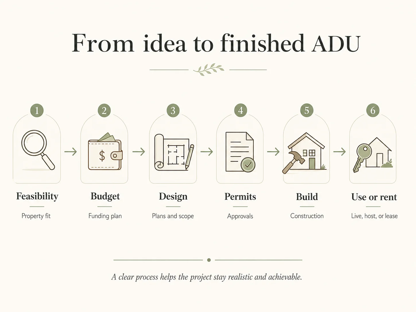 From idea to finished ADU — 6-step process: 1-Feasibility (property fit), 2-Budget (funding plan), 3-Design (plans and scope), 4-Permits (approvals), 5-Build (construction), 6-Use or rent (live, host, or lease)
