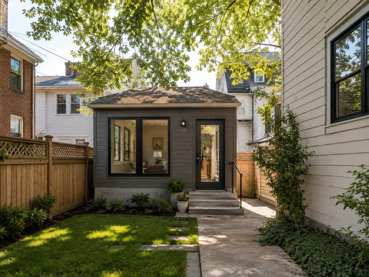 Backyard ADU cottage exterior behind a NYC semi-detached home