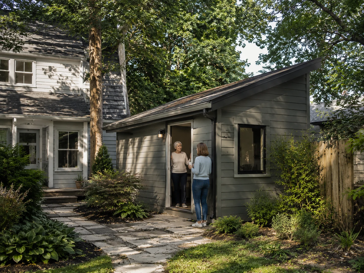 Two homeowners at the entrance of a converted ADU cottage in a New York residential backyard