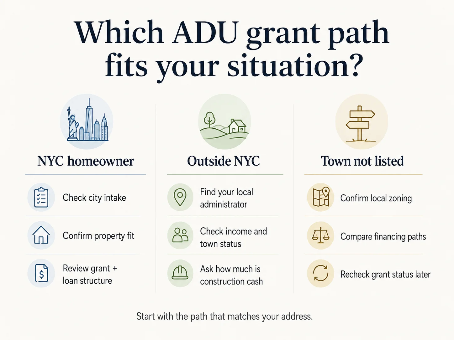 Comparison of New York statewide Plus One grant versus NYC grant-plus-loan structure, showing three paths: NYC homeowner, outside NYC, and town not listed