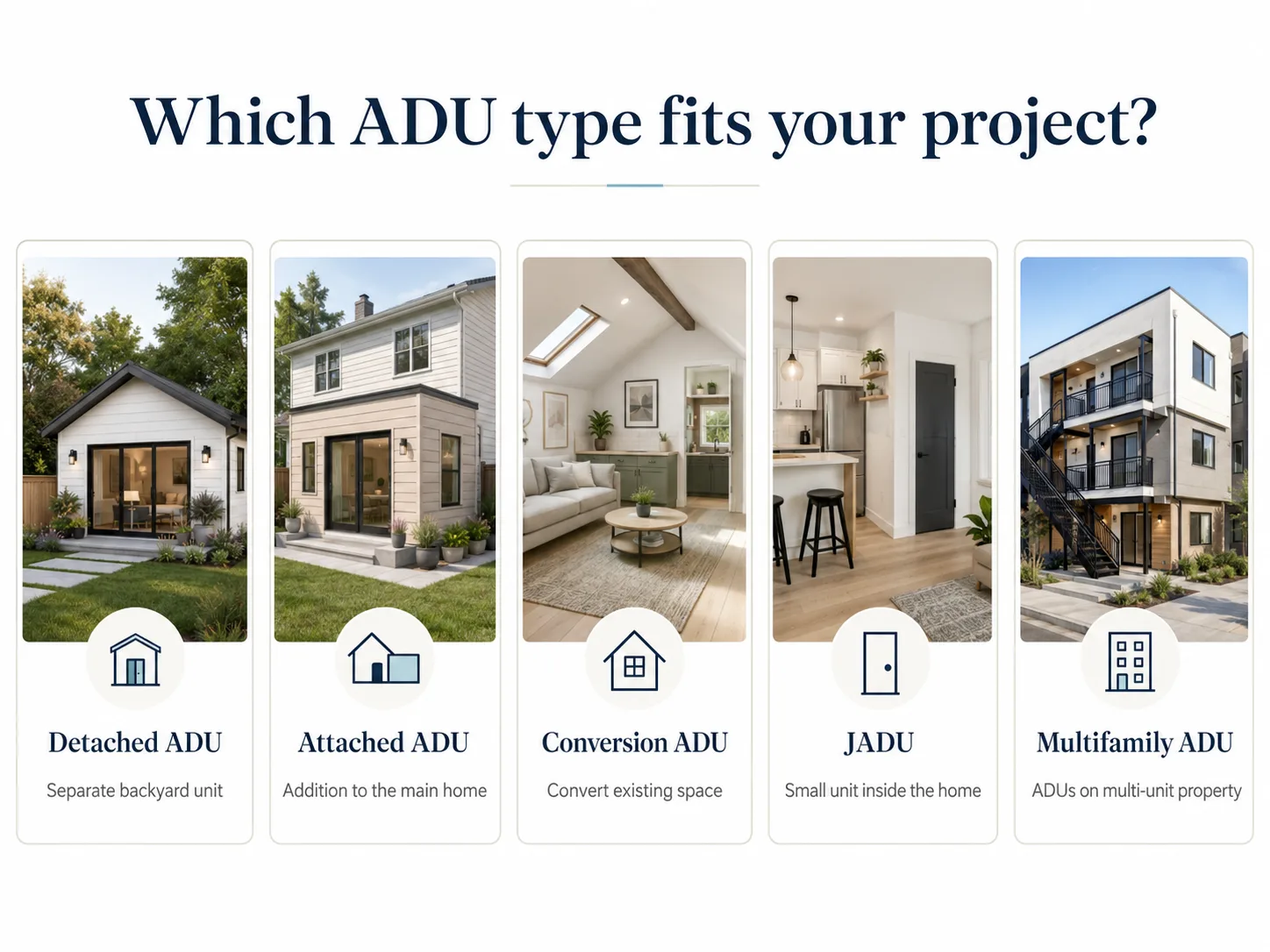 Comparison of Oceanside ADU types — detached, attached, garage conversion, and JADU