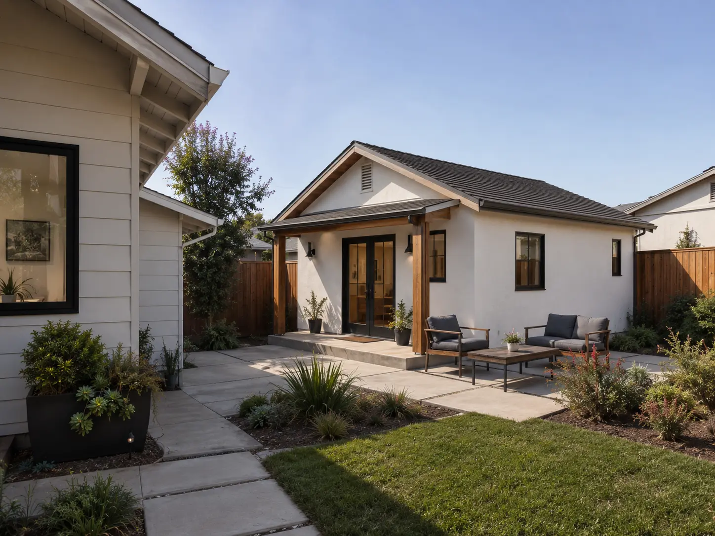 ADU under construction in coastal San Diego County 2026 showing backyard during daytime