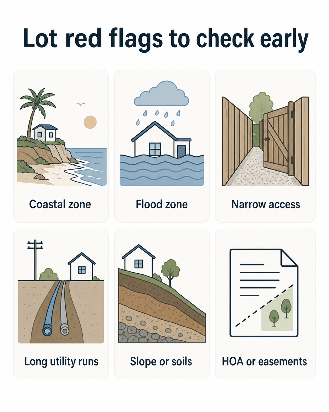 Lot red flags to check early: coastal zone, flood zone, narrow access, long utility runs, slope or soils, HOA or easements