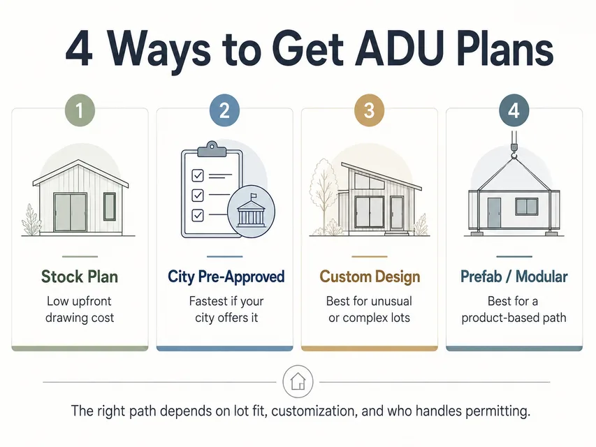 The 4 ways to get ADU plans: stock plan, city pre-approved program, custom designer, and prefab/modular.