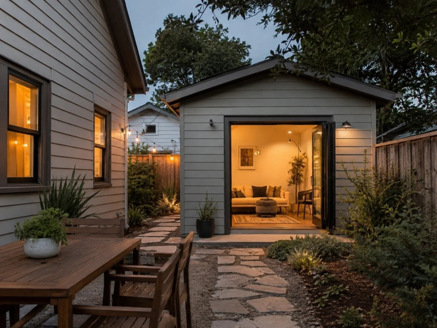 Finished detached ADU conversion with bifold doors, string lights, and landscaped stone path — garage conversion ADU example — The Dwelling Index