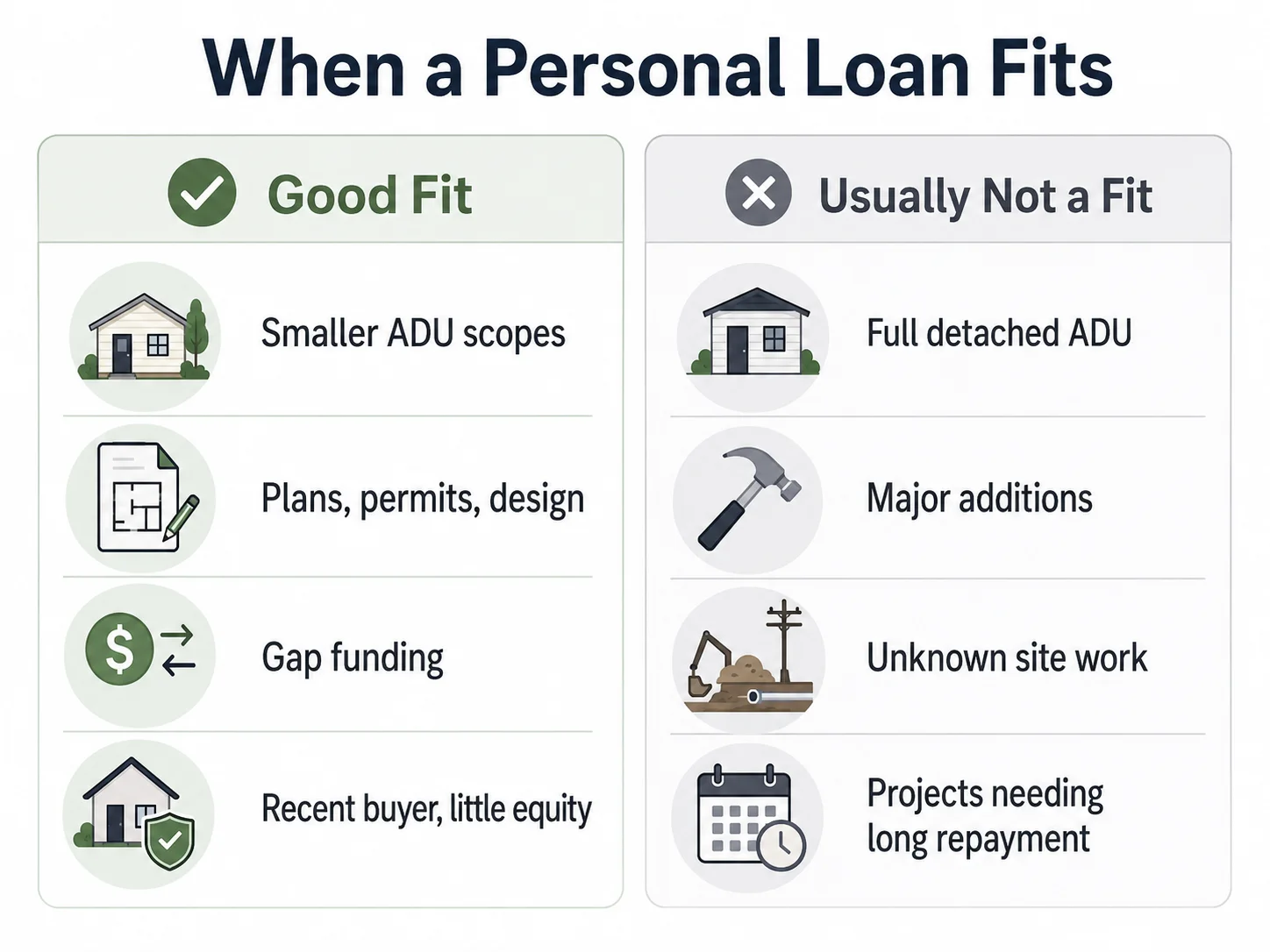Infographic showing when a personal loan fits versus usually does not fit for ADU financing — good fit: smaller scopes, plans/permits, gap funding, recent buyer with little equity; not a fit: full detached ADU, major additions, unknown site work, long repayment