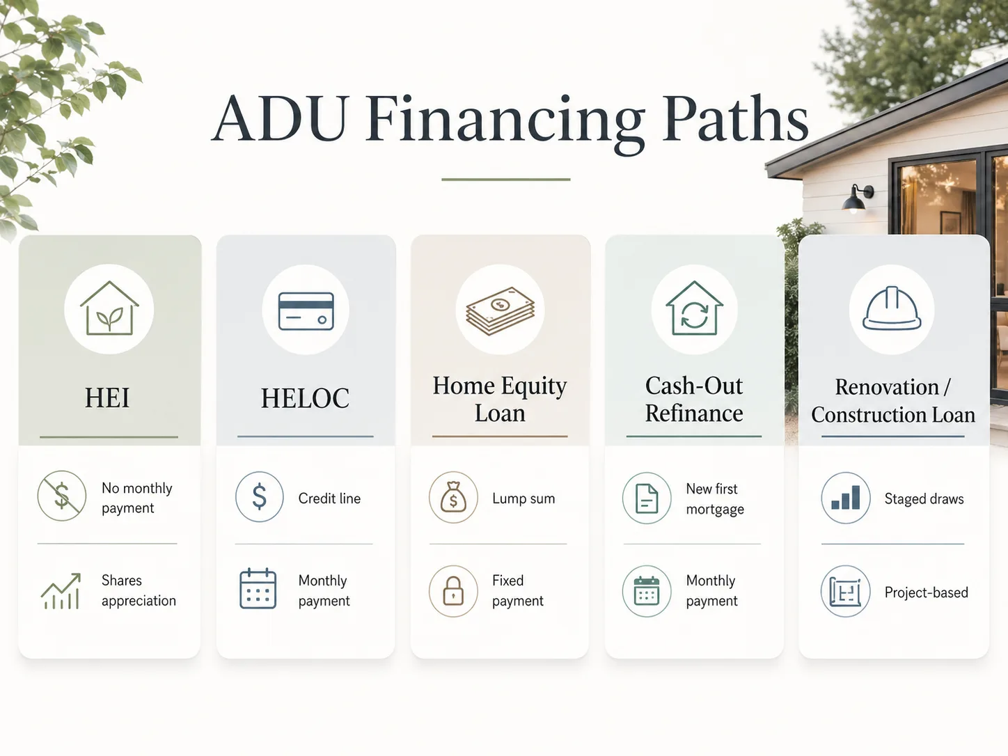ADU financing paths comparison infographic: HEI (no monthly payment, shares appreciation), HELOC (credit line, monthly payment), Home Equity Loan (lump sum, fixed payment), Cash-Out Refinance (new first mortgage), Renovation/Construction Loan (staged draws, project-based)