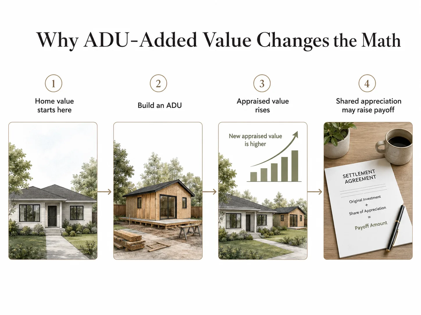 Why ADU-added value changes the Point HEI math: four steps showing home value starts here, build an ADU, appraised value rises, shared appreciation may raise payoff