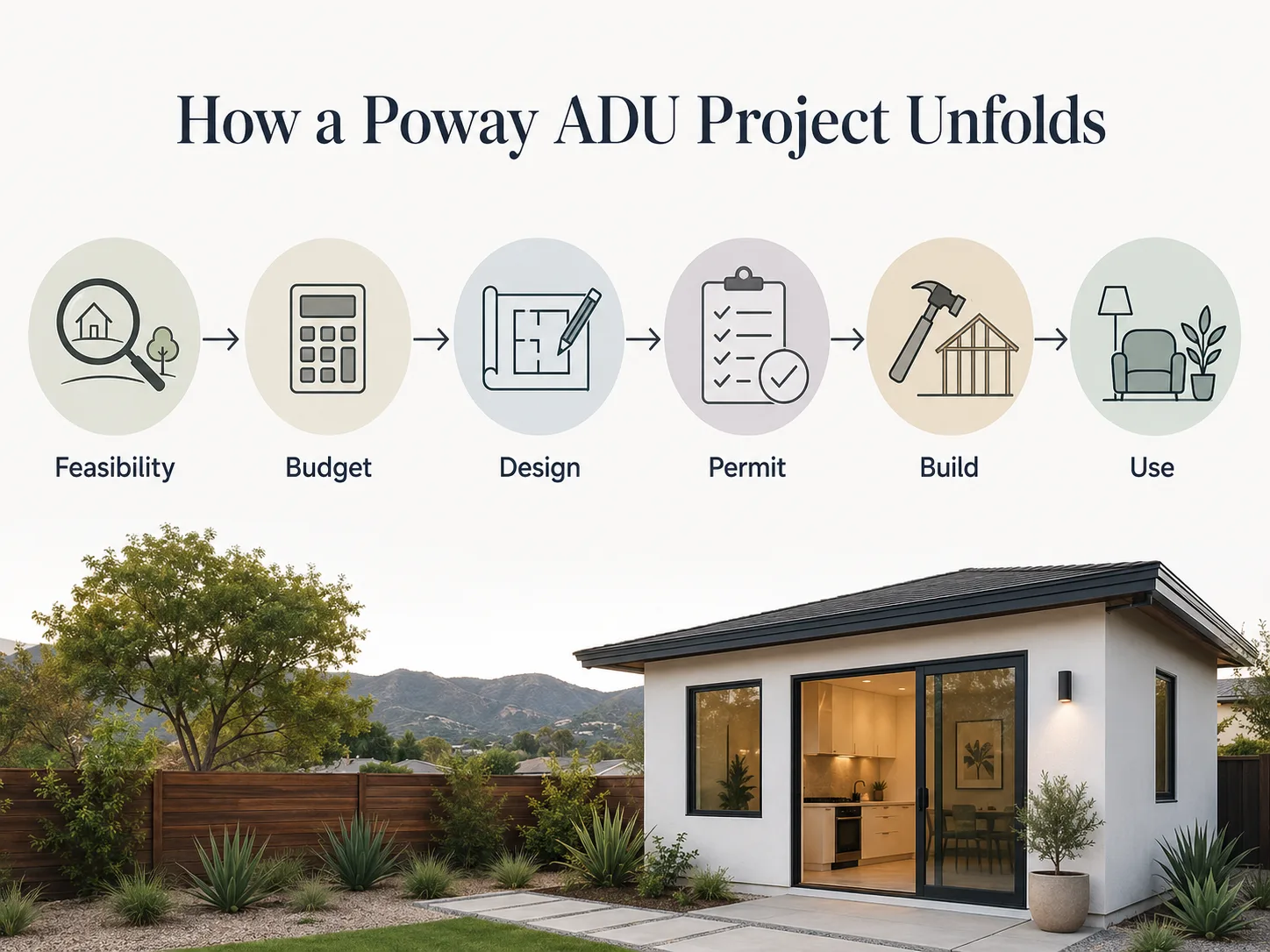 How a Poway ADU Project Unfolds: six steps from Feasibility to Budget, Design, Permit, Build, and Use