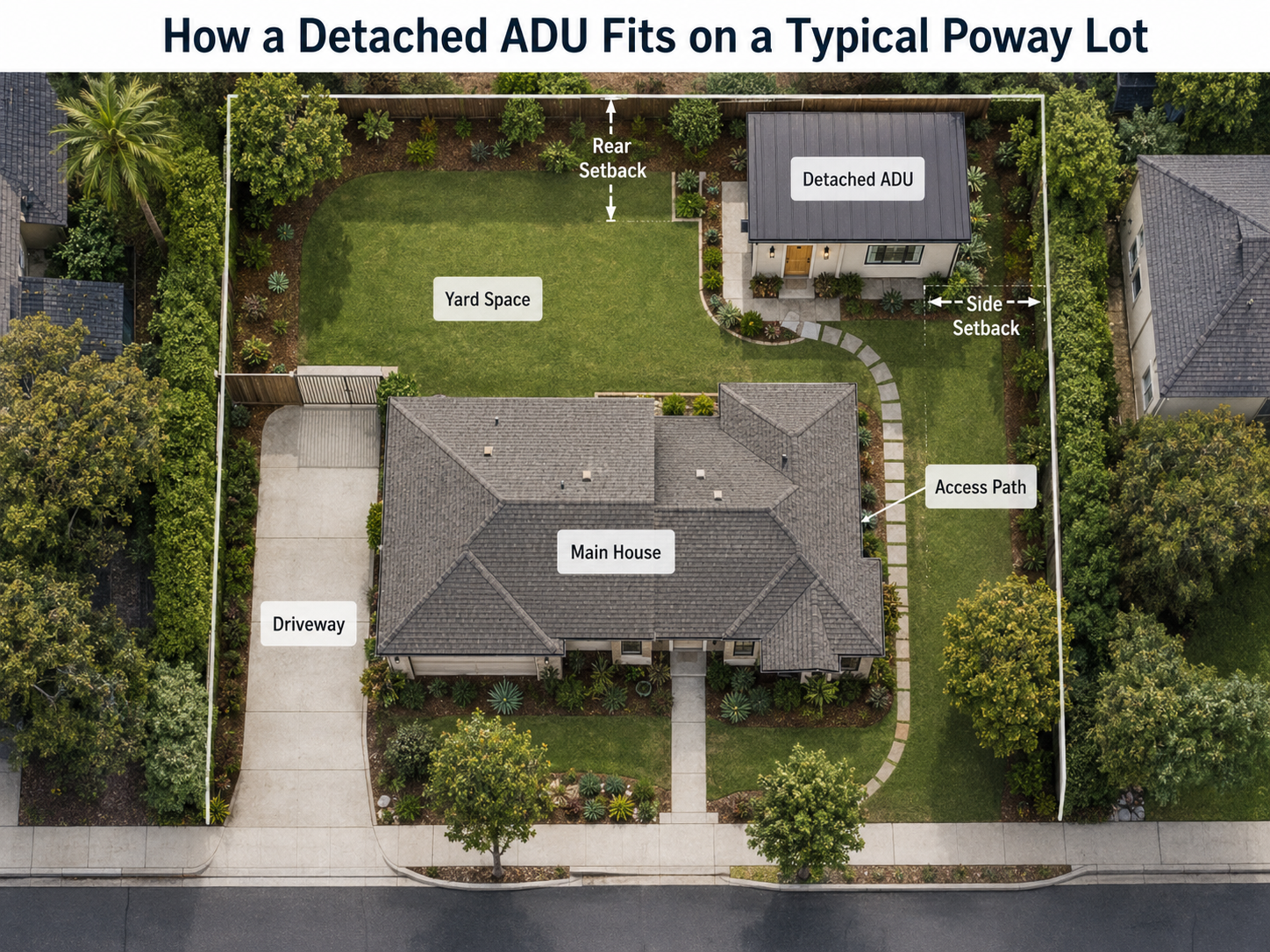 Diagram showing how a detached ADU fits on a typical Poway lot with 4-ft side/rear setbacks and 10-ft building separation
