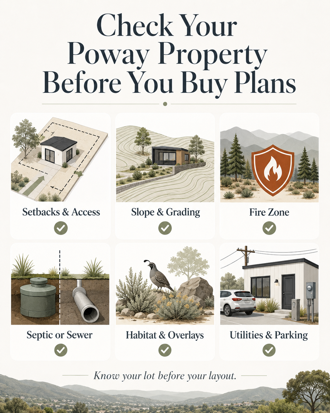 Check Your Poway Property Before You Buy Plans \u2014 6 items to verify: setbacks, slope, fire zone, septic, habitat overlays, utilities