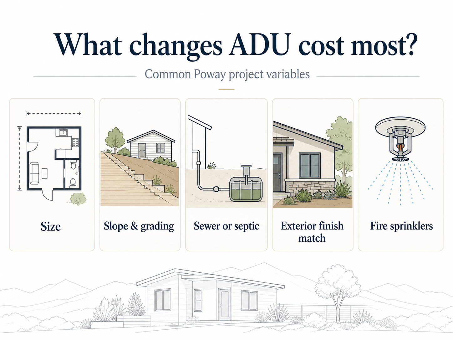 What changes ADU cost most — Common Poway project variables: Size, Slope and grading, Sewer or septic, Exterior finish match, Fire sprinklers