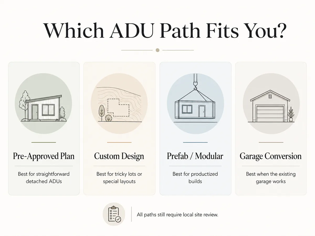 Which ADU path fits you \u2014 pre-approved plan, prefab, garage conversion, or custom design decision guide