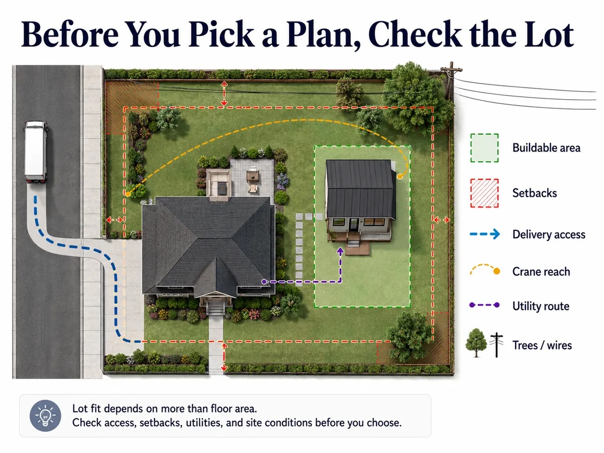 ADU lot-fit diagram: setbacks, buildable area, delivery access, crane reach, and utility route before choosing a prefab ADU floor plan