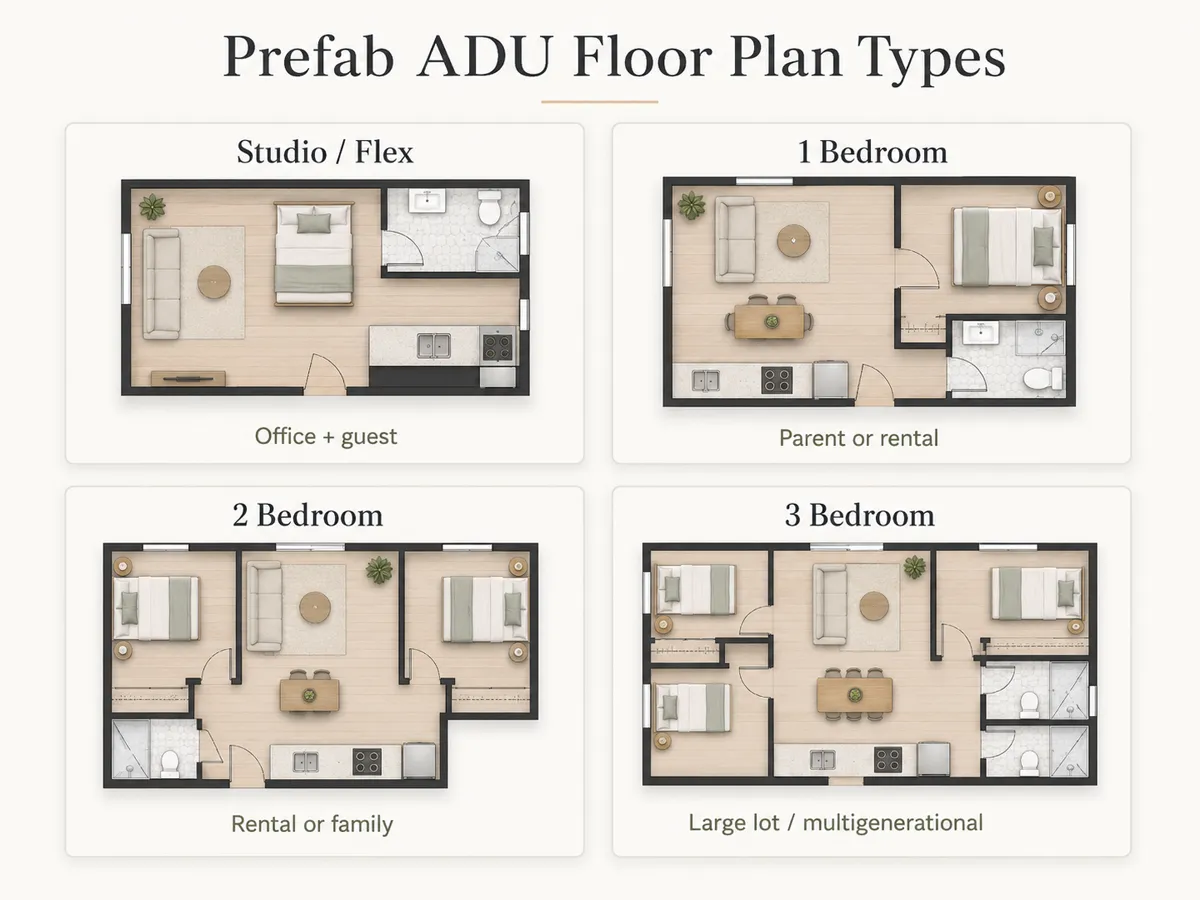 Prefab ADU floor plan types: studio, 1 bedroom, 2 bedroom, and 3 bedroom layouts with square footage labels