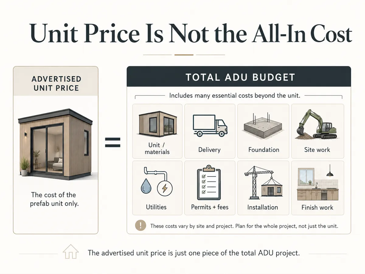 Prefab ADU cost by size: advertised unit price vs. all-in installed cost \u2014 what the unit price excludes