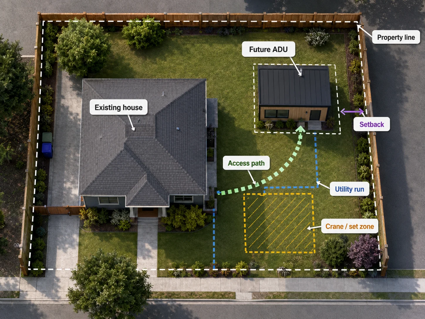 Backyard lot diagram showing crane access path and utility distance for a prefab ADU