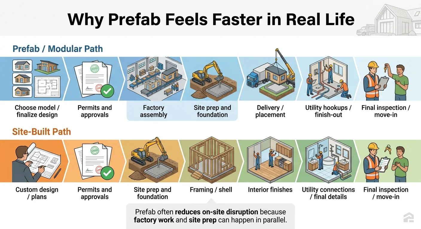 Side-by-side process comparison: prefab ADU path (choose model, permits and approvals, factory assembly, site prep and foundation, delivery and placement, utility hookups, final inspection) versus site-built path (custom design, permits, site prep, framing, interior finishes, utility connections, final inspection) — showing how factory work and site prep happen in parallel for prefab