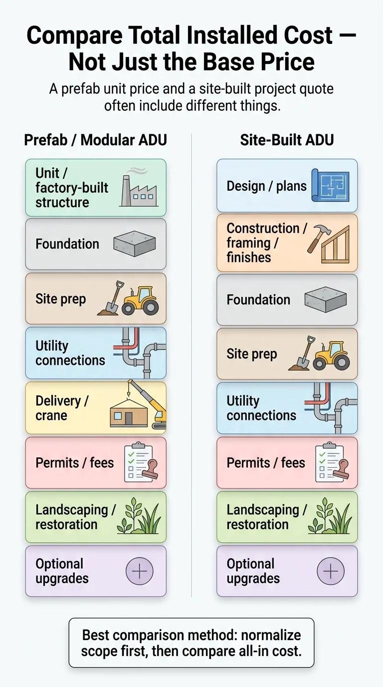 Infographic comparing prefab vs site-built ADU cost components: prefab includes unit, foundation, site prep, utility connections, delivery/crane, permits, landscaping, and optional upgrades — site-built includes design/plans, construction, foundation, site prep, utility connections, permits, landscaping, and optional upgrades