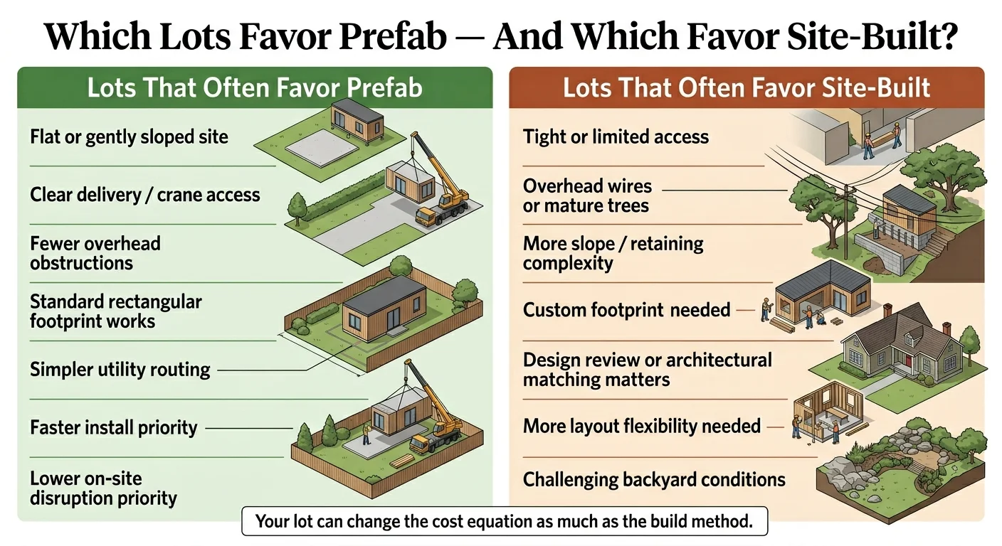 Infographic comparing which lots favor prefab ADUs vs site-built ADUs: prefab favors flat sites with clear delivery access, site-built favors tight access, overhead wires, slopes, and custom footprint requirements