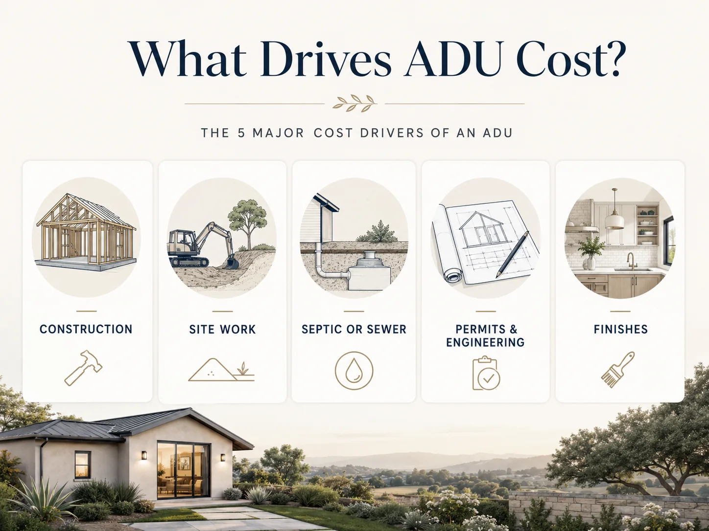 Rancho Santa Fe ADU cost drivers infographic showing five factors that affect total project cost