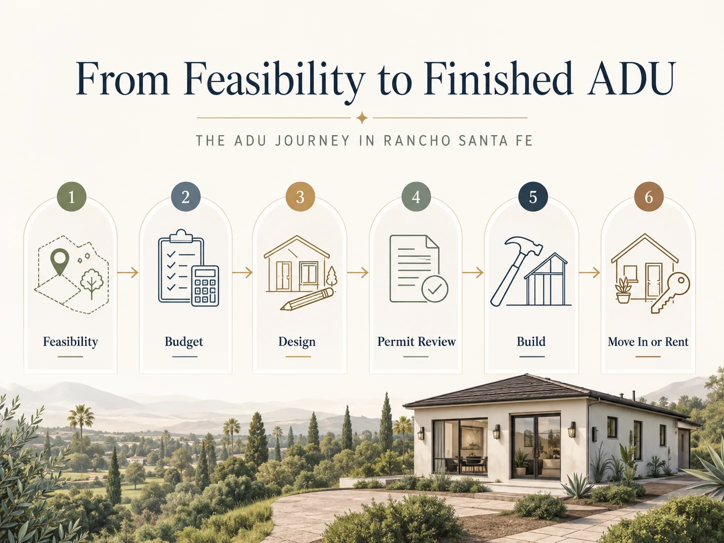 Rancho Santa Fe ADU project journey from feasibility check to finished casita, showing all major stages