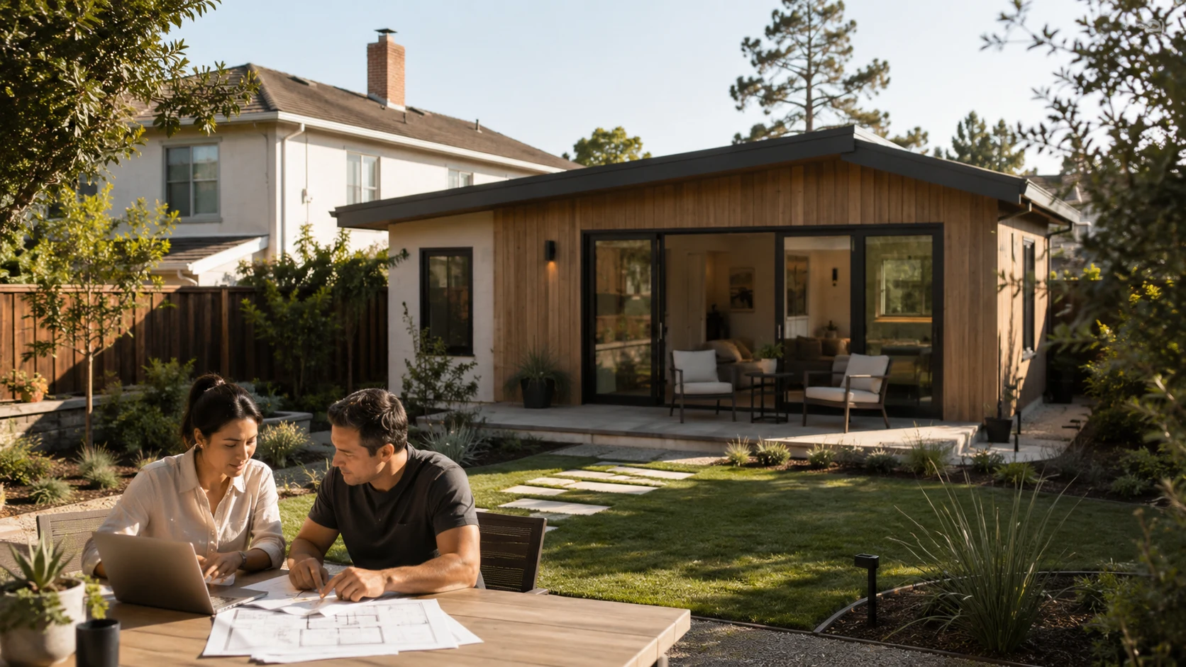 Couple reviewing ADU financing plans at a backyard table, comparing RenoFi loan and cash-out refinance options for their accessory dwelling unit project