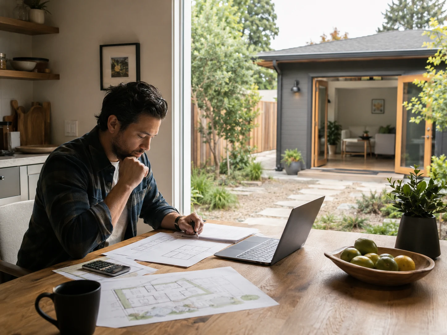 Homeowner planning ADU financing and reviewing rental income qualification rules by loan program