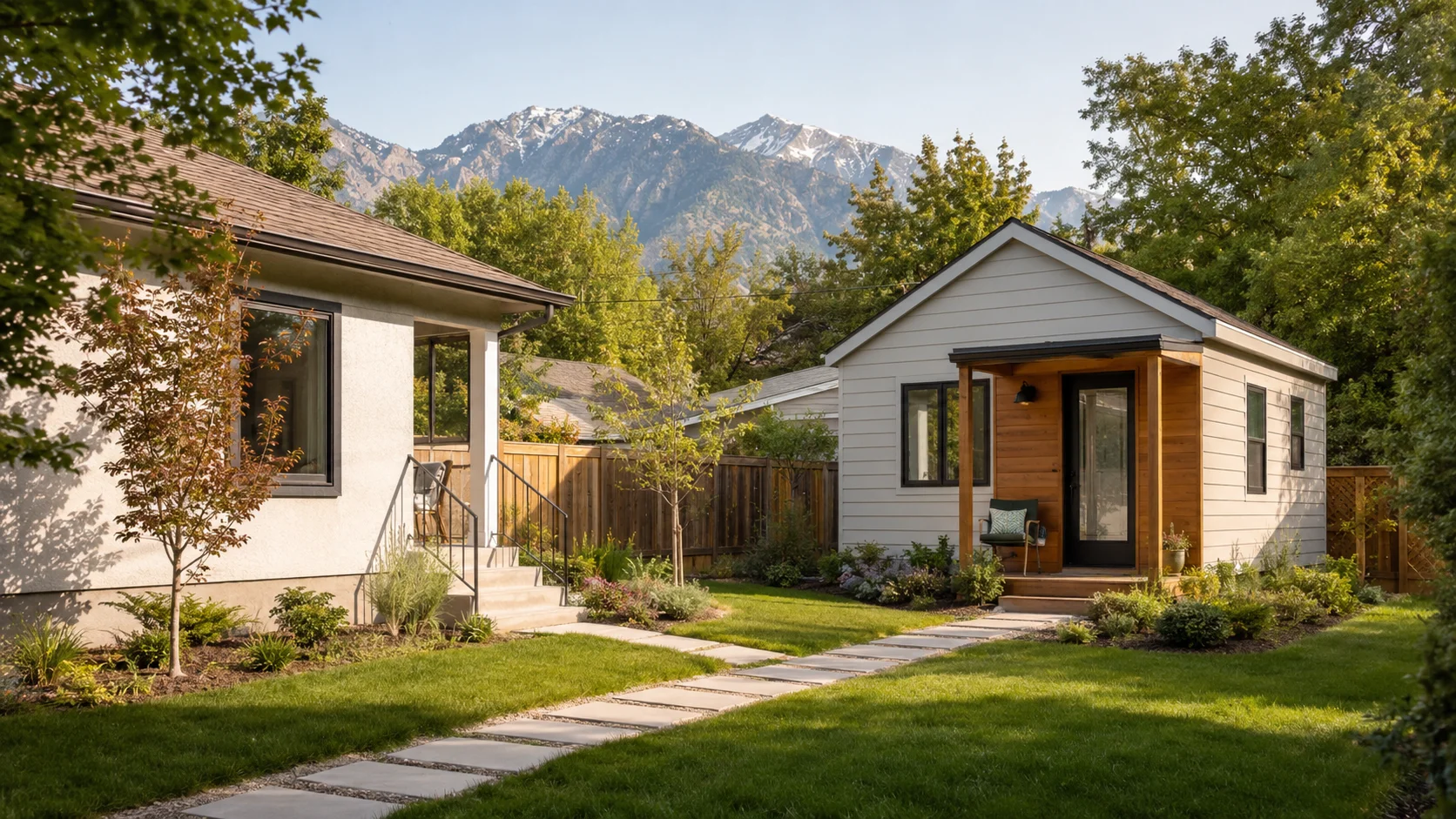 Backyard ADU cottage next to a main house in Salt Lake City with the Wasatch Mountains in the background — the type of unit the Backyard Keys loan program funds