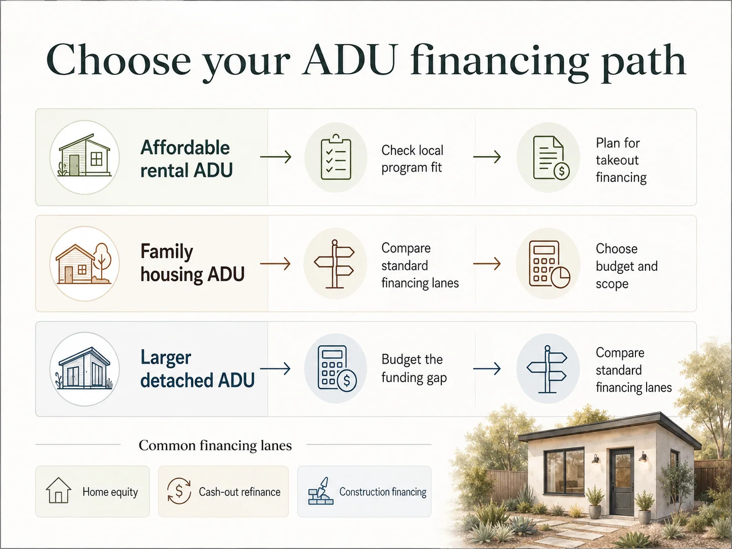 Choose your ADU financing path: affordable rental ADU, family housing ADU, or larger detached ADU \u2014 common lanes include home equity, cash-out refinance, and construction financing
