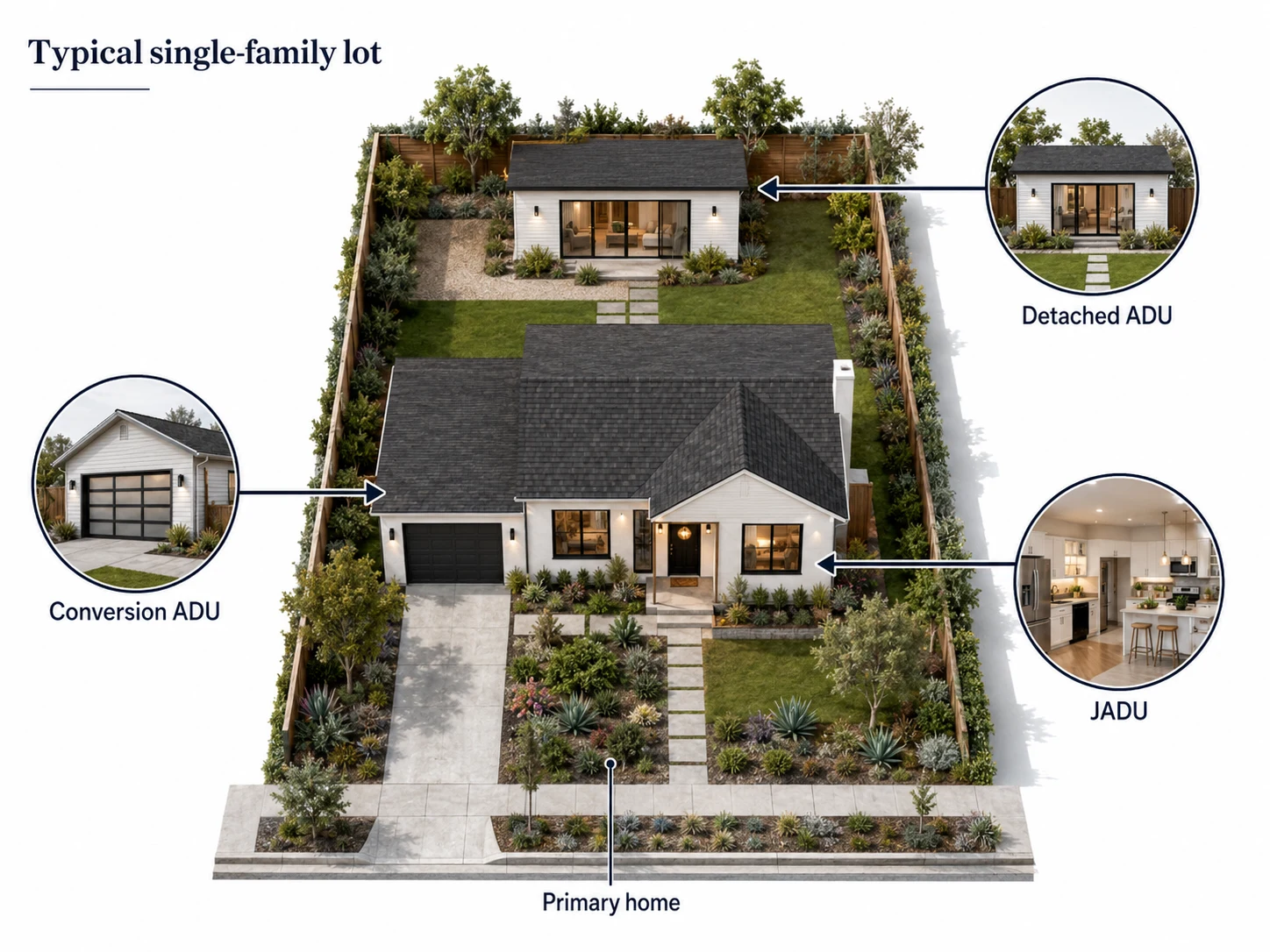 Diagram showing ADU setback and size requirements on a San Diego residential lot