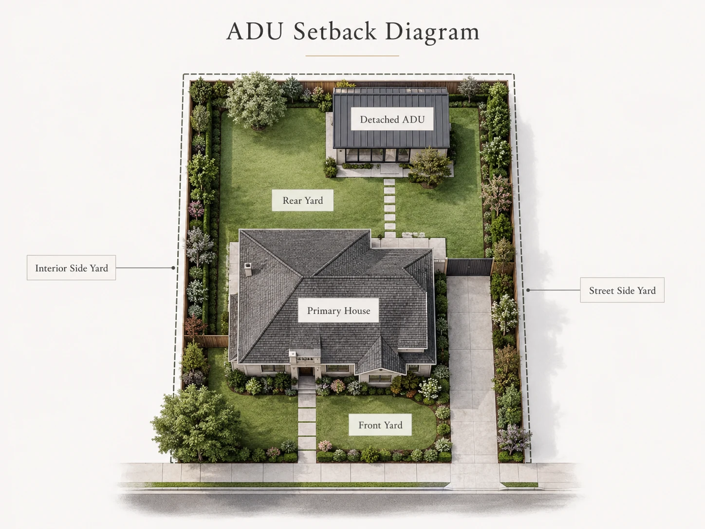 ADU setback diagram showing interior side yard, street side yard, front yard, and rear yard placement for a detached ADU