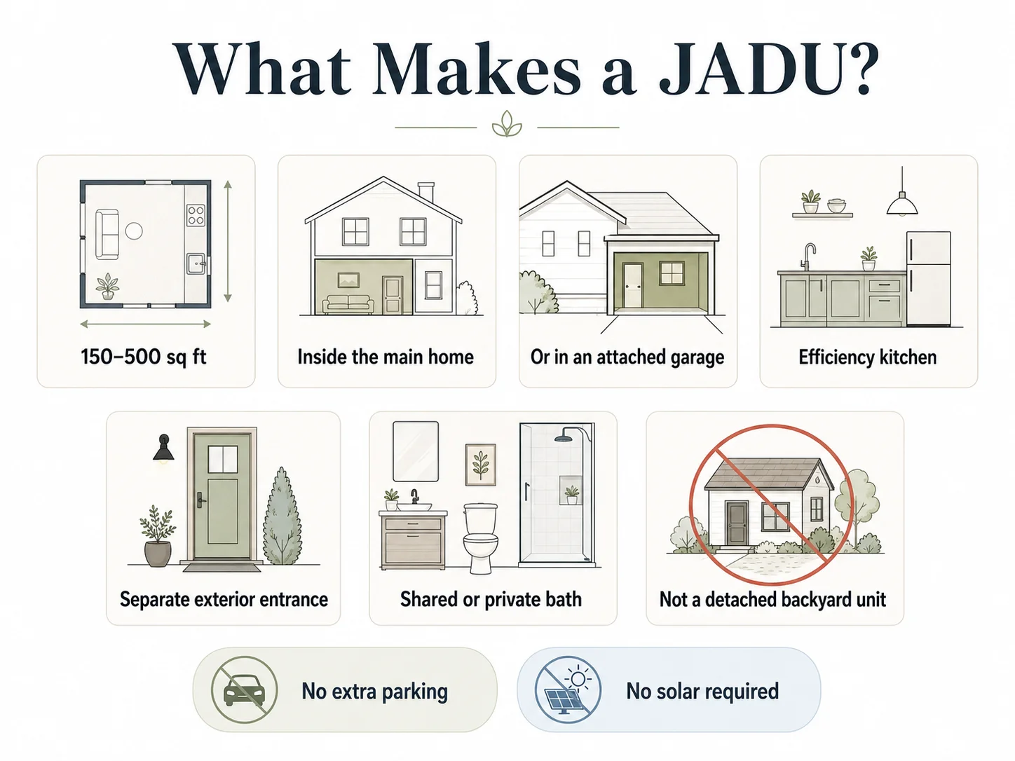 What Makes a JADU infographic showing the six key requirements for a San Diego Junior Accessory Dwelling Unit: size, location, kitchen, bathroom, entrance, and permit