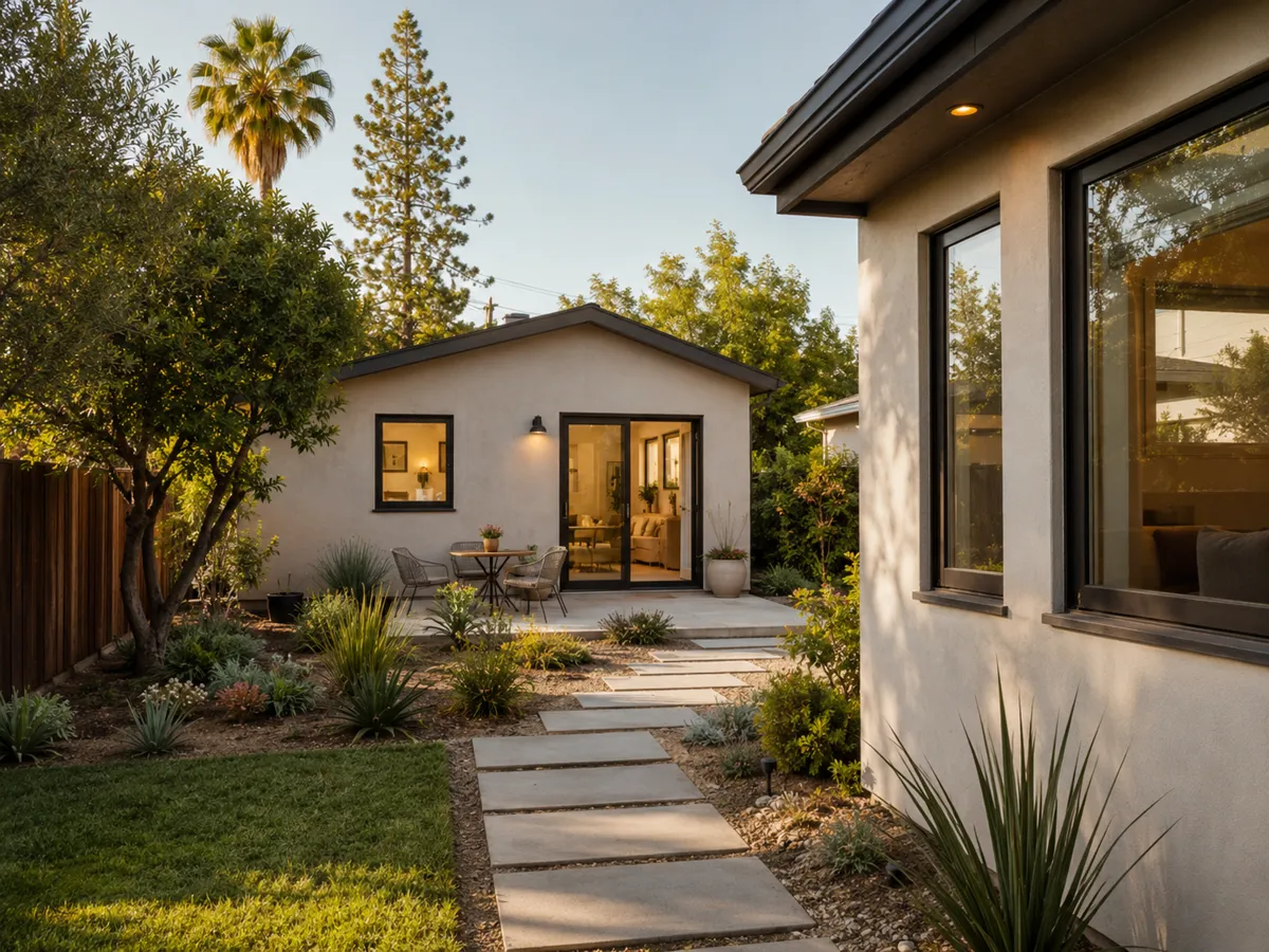 Completed San Diego ADU in a backyard at dusk — stucco exterior with black-frame windows, stepping stone path, mature landscaping showing typical suburban lot ADU placement
