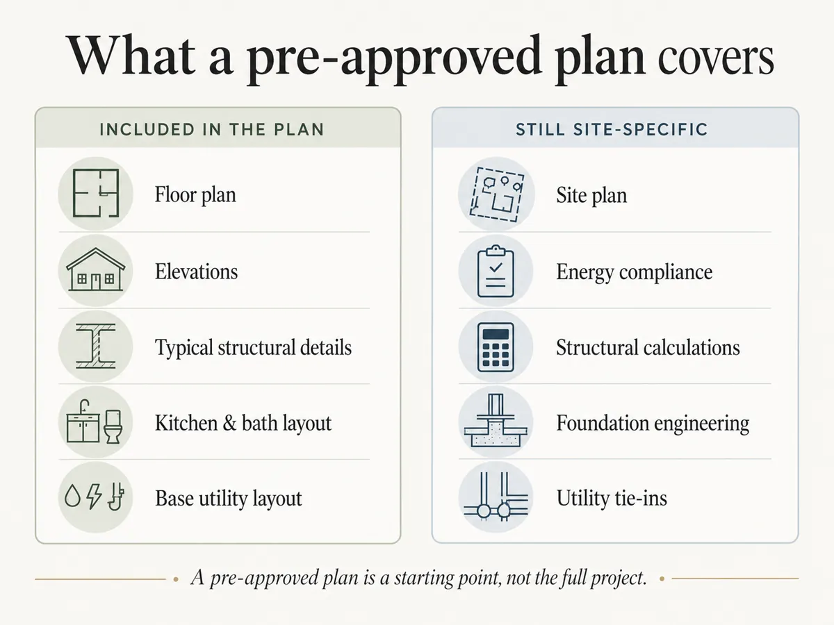 Infographic: what a San Diego pre-approved ADU plan covers (floor plan, elevations, structural details, kitchen/bath layout, base utility layout) versus what is still site-specific (site plan, energy compliance, structural calculations, foundation engineering, utility tie-ins)