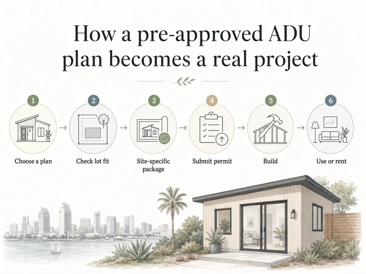 Infographic showing how a San Diego pre-approved ADU plan becomes a real project: 6 steps from choosing a plan, checking lot fit, site-specific package, submitting permit, building, then use or rent
