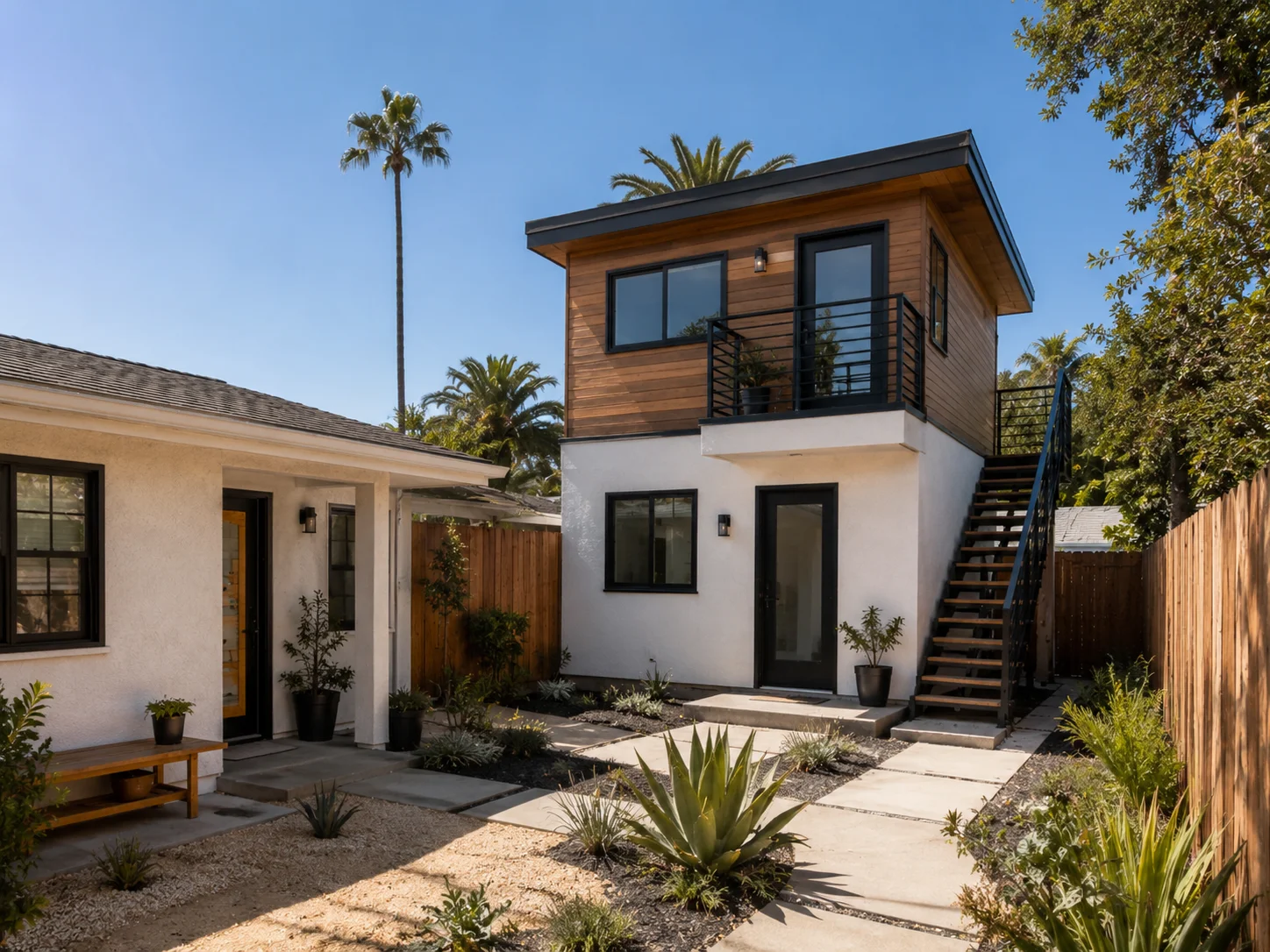 Completed stacked ADU exterior in San Diego showing two-story vertically arranged dwelling units with shared structural envelope