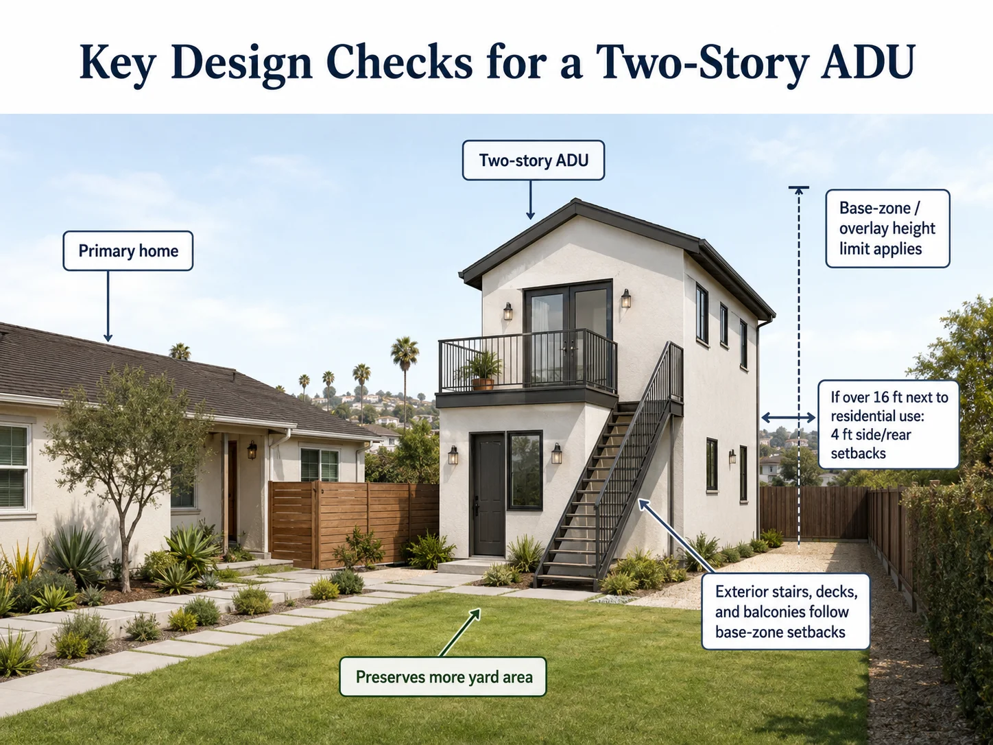 Key design checks for a San Diego two-story ADU: base-zone height limit applies, 4-foot side and rear setbacks if over 16 feet next to residential use, exterior stairs follow base-zone setbacks (not ADU 4-foot setback), and two-story ADU preserves more yard area than a single-story