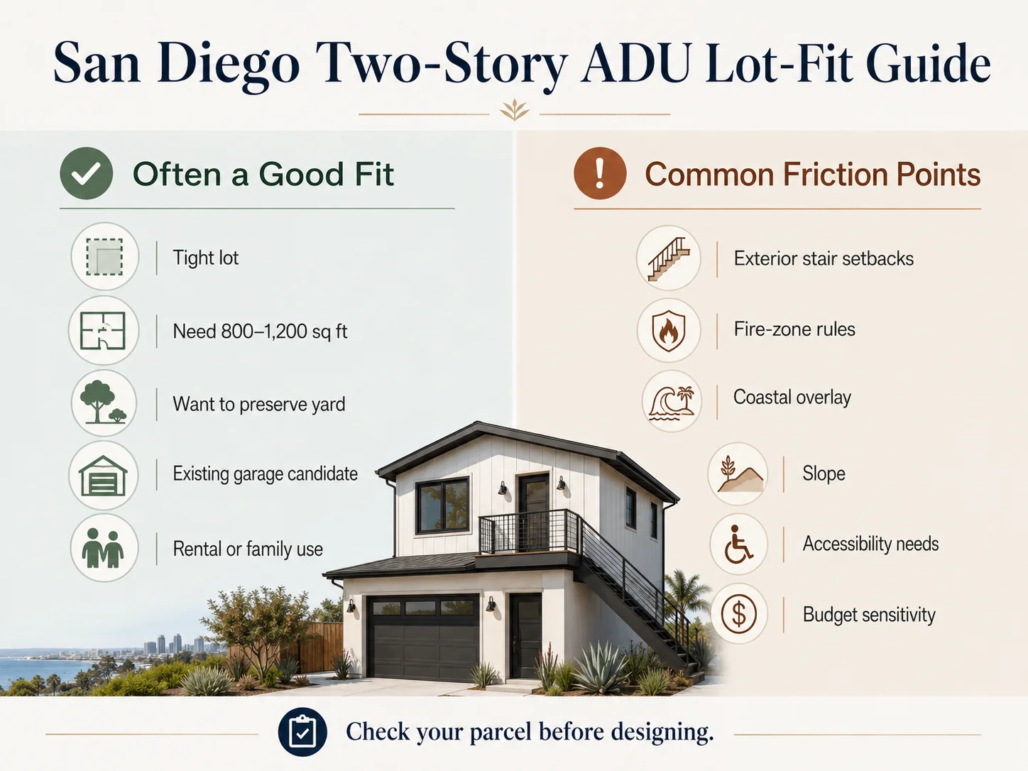 San Diego Two-Story ADU Lot-Fit Guide: Often a Good Fit (tight lot, need 800–1,200 sq ft, want to preserve yard, existing garage candidate, rental or family use) vs Common Friction Points (exterior stair setbacks, fire-zone rules, coastal overlay, slope, accessibility needs, budget sensitivity)