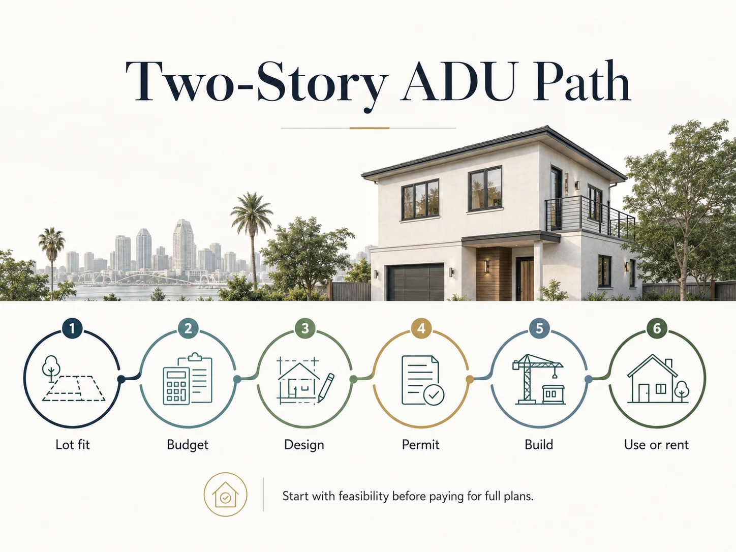 Two-Story ADU Path diagram showing six sequential steps: Lot fit, Budget, Design, Permit, Build, Use or rent — with recommendation to start with feasibility before paying for full plans