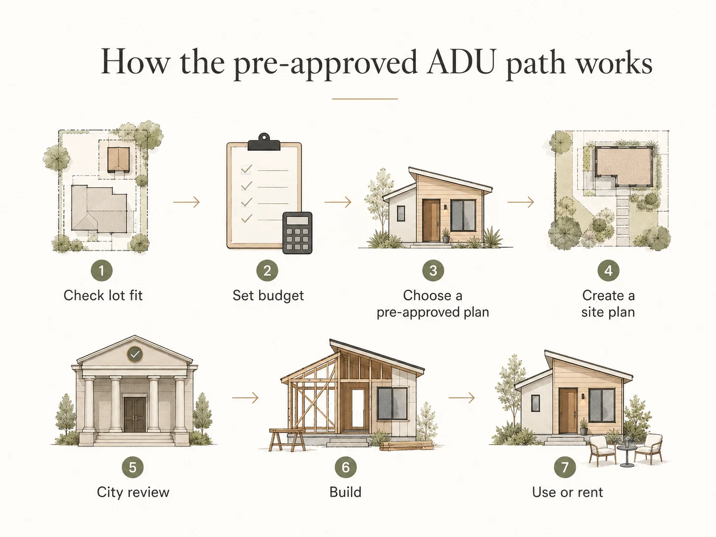 How the pre-approved ADU path works: 7 steps — check lot fit, set budget, choose a pre-approved plan, create a site plan, city review, build, use or rent