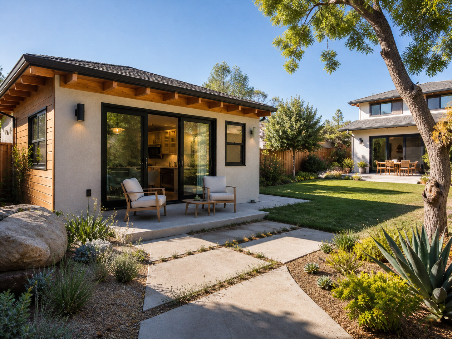 Detached ADU in San Marcos CA backyard with landscaping — modern single-story accessory dwelling unit