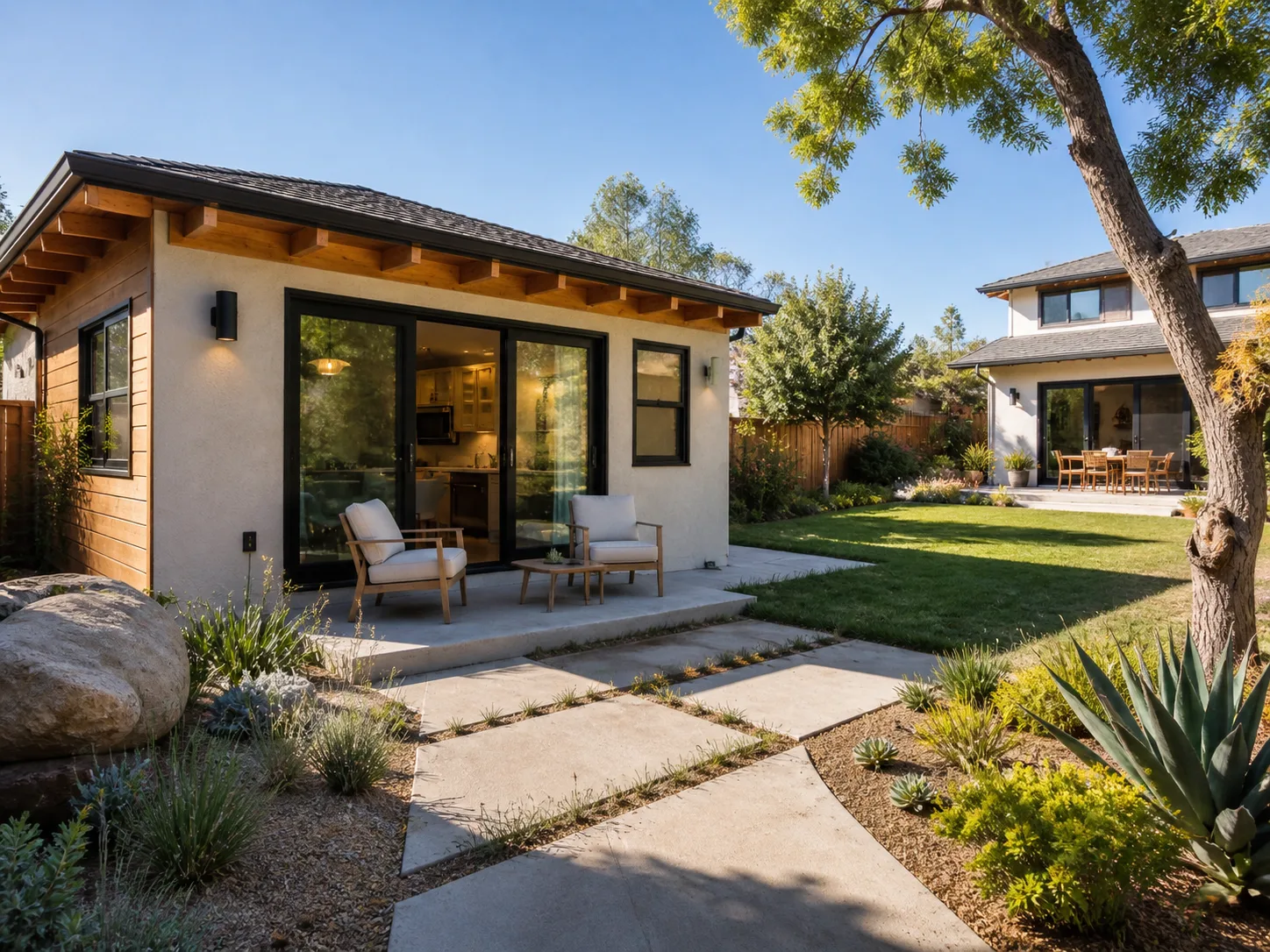 Detached ADU in San Marcos CA backyard with landscaping — modern single-story accessory dwelling unit