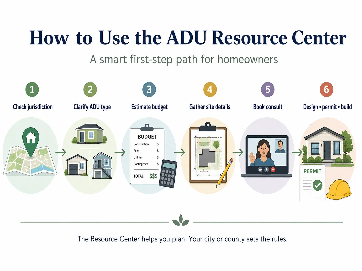 How to use the San Mateo County ADU Resource Center: 6 steps \u2014 check jurisdiction, clarify ADU type, estimate budget, gather site details, book consult, design-permit-build