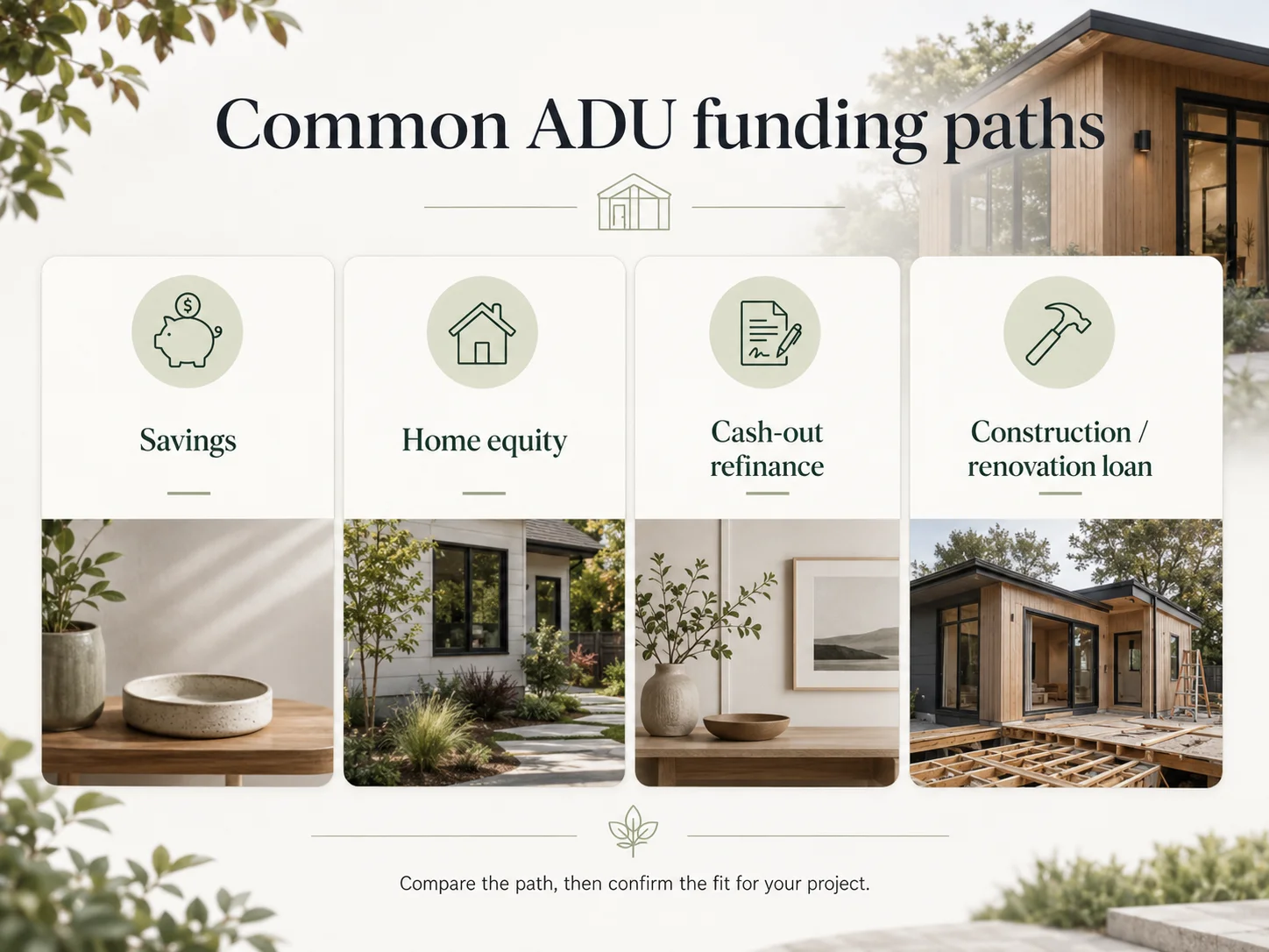 Infographic showing common ADU funding paths: savings, home equity, cash-out refinance, and construction/renovation loan