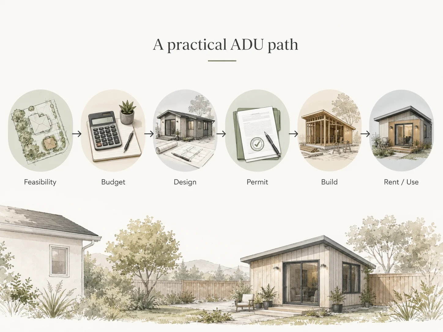 Illustration of a practical ADU path: feasibility, budget, design, permit, build, and rent/use stages