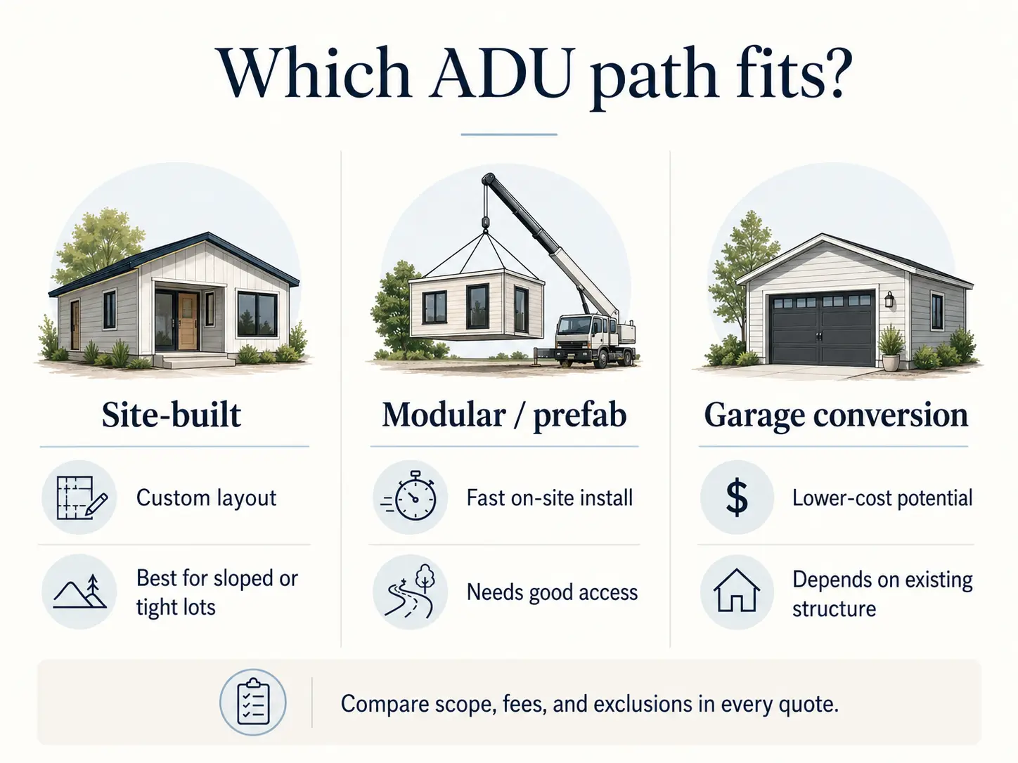 Stick-built ADU framing versus modular ADU installation in San Diego County — Santee ADU project timeline from feasibility through certificate of occupancy