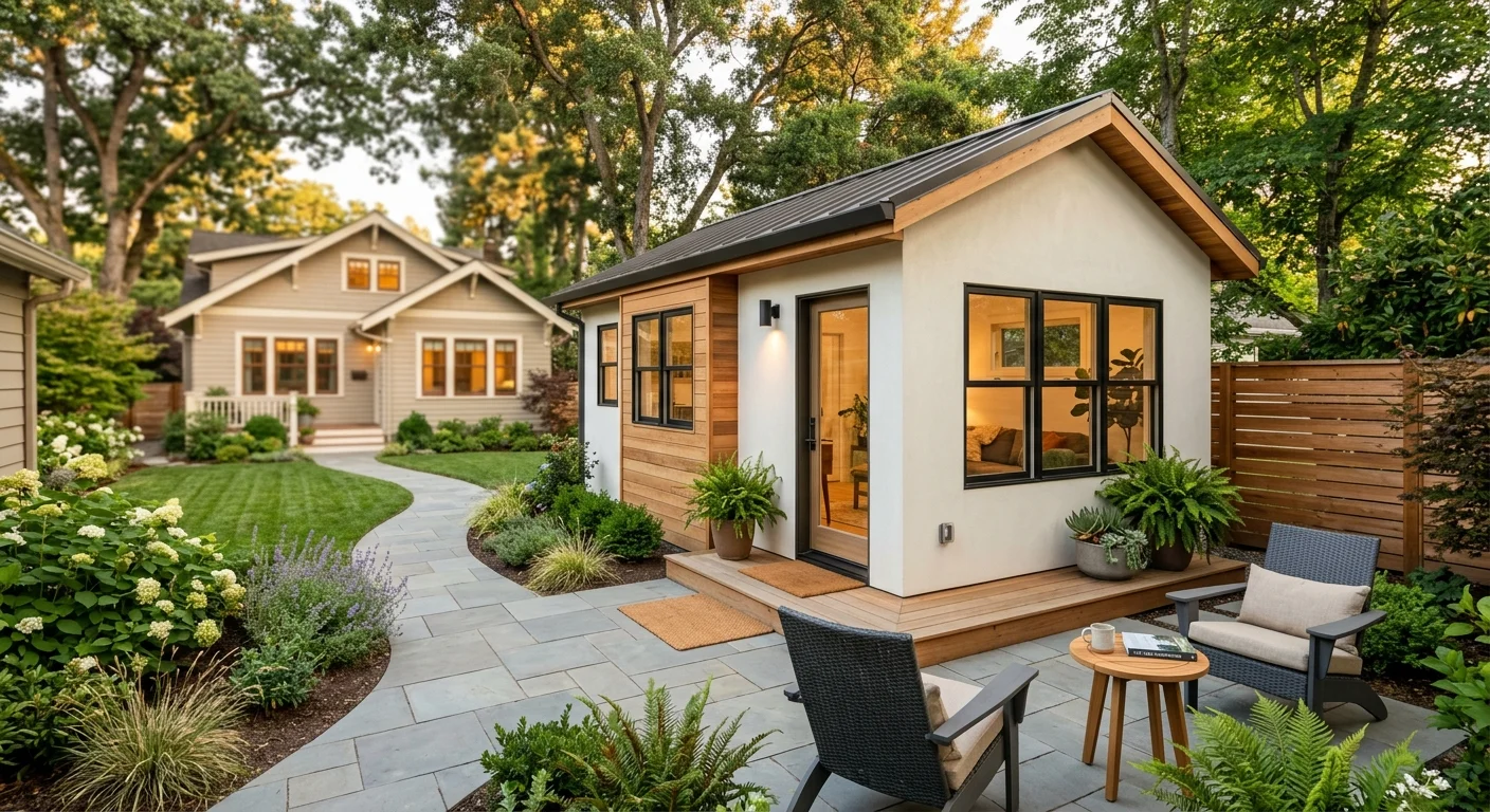 Custom site-built craftsman ADU with cedar and stucco exterior, metal roof, large black-framed windows, and stone paver path — set in a lush backyard with the main craftsman home visible behind